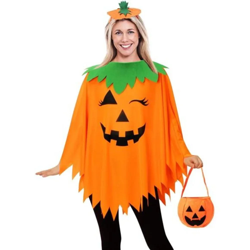 3PCS Halloween Pumpkin Costume for Women Poncho for Adults with Headband and Bag